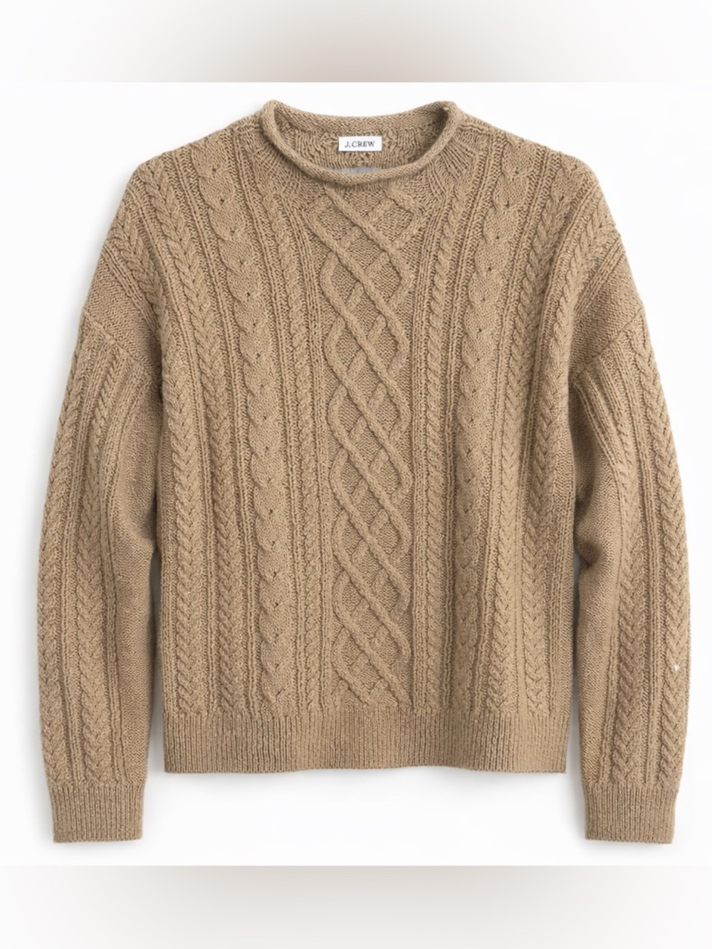 J.Crew Cable Knit Sweater Tan Neutral Chunky Crewneck Pullover Size L Classic